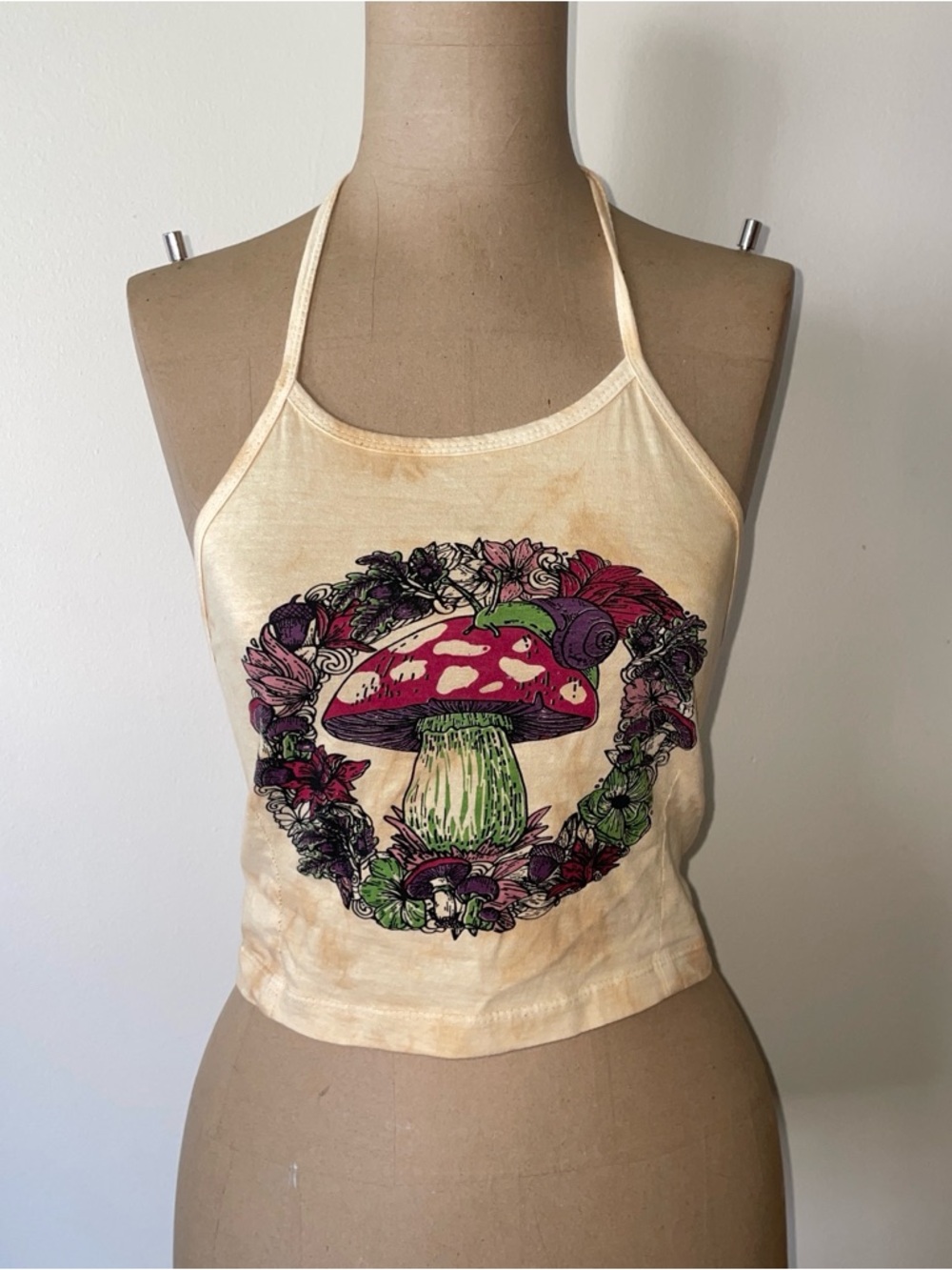 Festival/Hippie halter w/mushroom graphics and lace up back SMALL